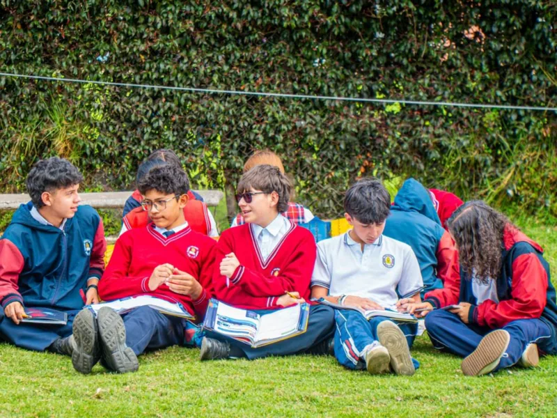 Estudiantes de bachillerato leen sentados en el césped, frente a un muro de plantas.